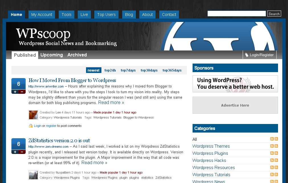 WPscoop | Wordpress Social News and Bookmarking